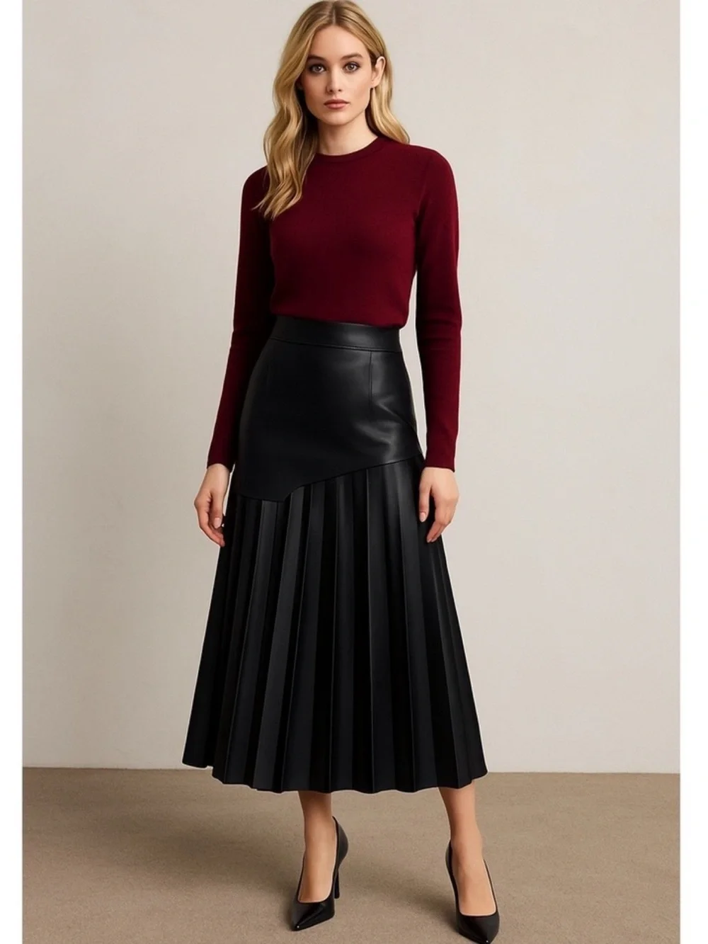 Commense Black Asymmetric Patchwork Faux Leather Chiffon Pleated Midi Skirt